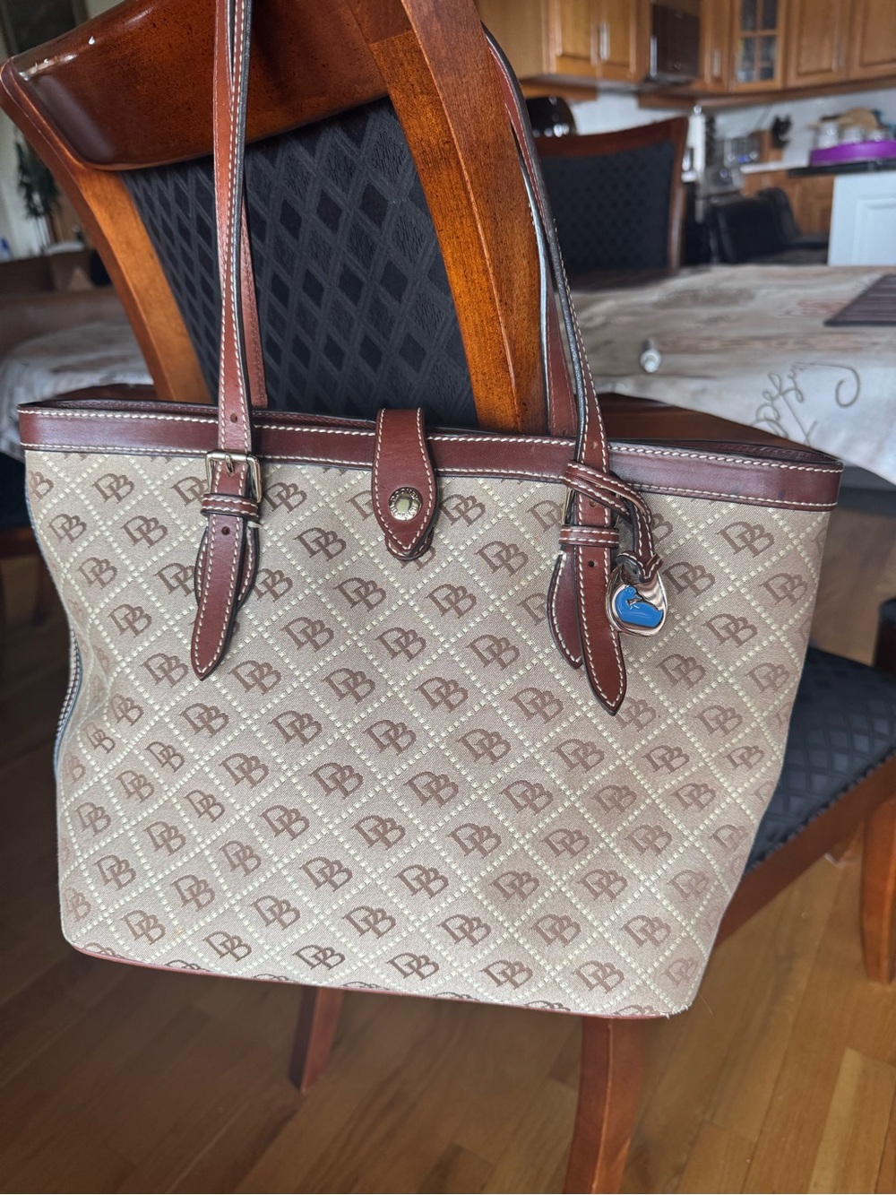 Dooney & Bourke Brown Jacquard Logo Tote w/Blue Enamel Duck Charm VG condition